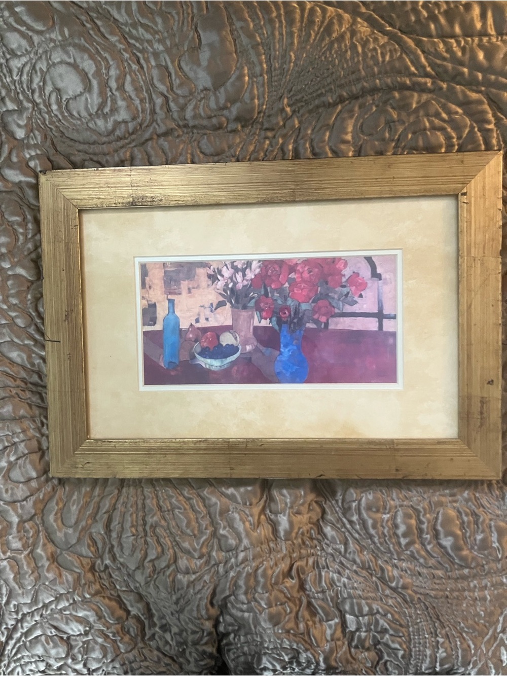 Gold Framed Floral Still Life Wall Art - Blue & Pink Accents